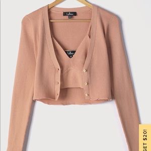 Peach Ribbed Knit Crop Top Cardigan Sweater Set